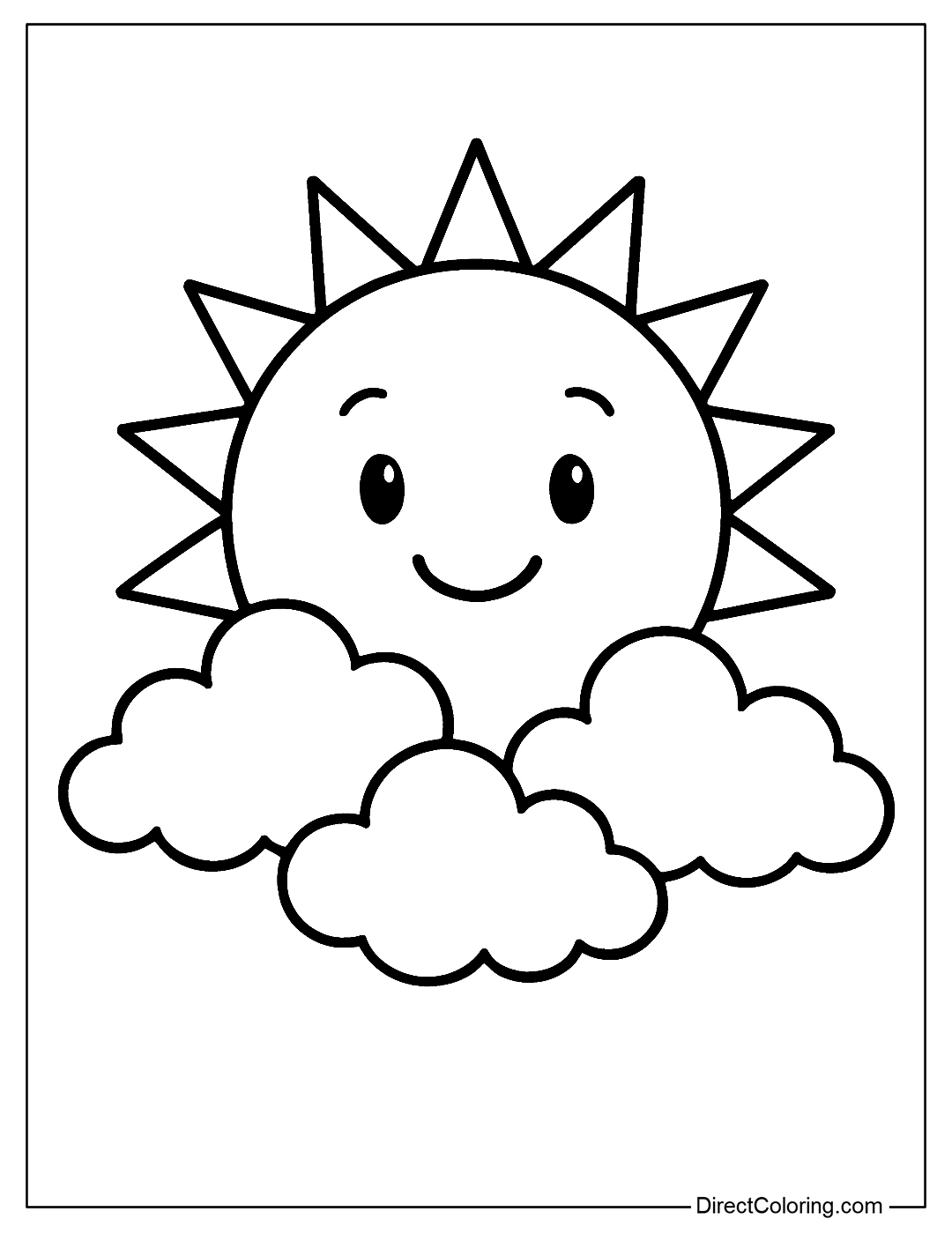 Friendly Sun coloring page with fluffy clouds, simple and cute